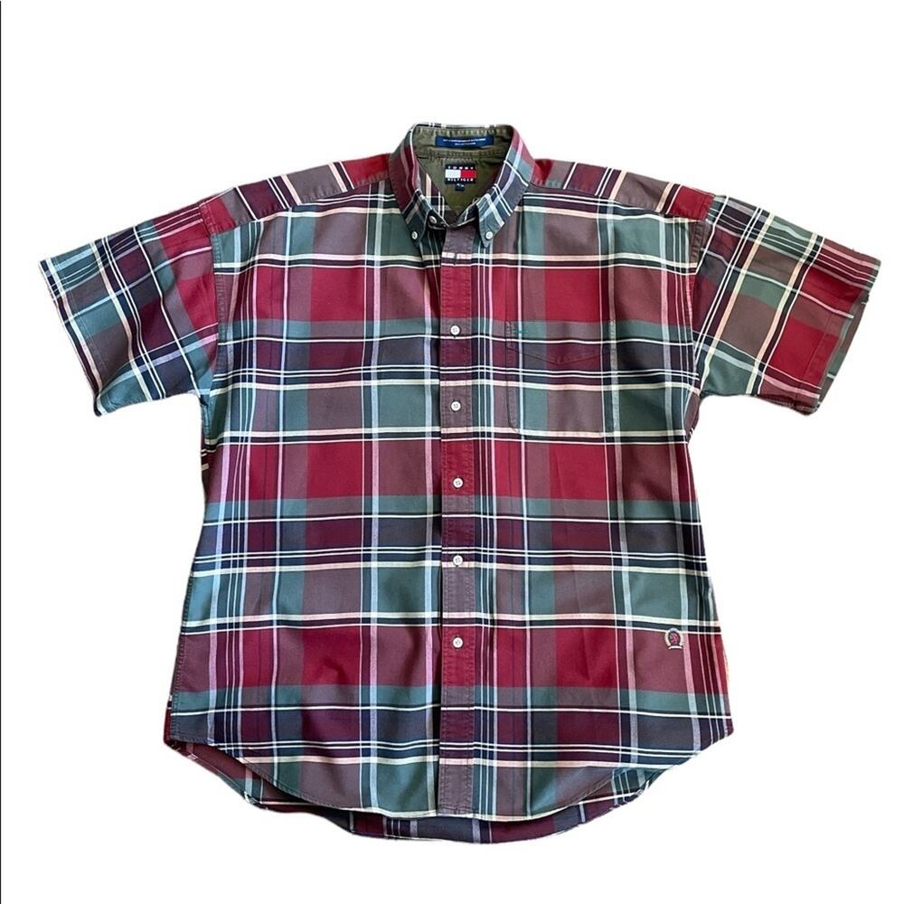 Tommy Hilfiger Shirt Men Medium Casual Retro Plaid Button Down Short Sleeves Red